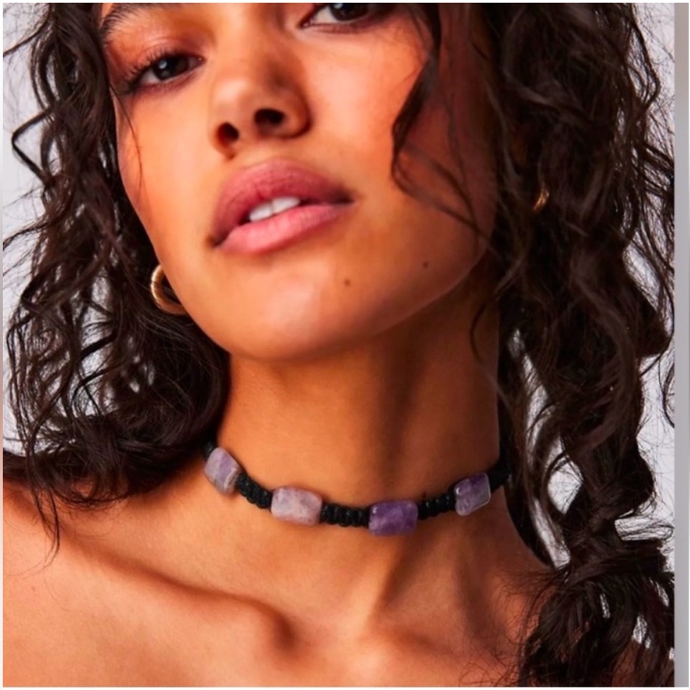 Free People Amethyst Stone Black Band Sweet Carolina Choker Womans Sz OSFA